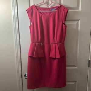 EUC ANTONIO MELANI Hot Pink Peplum Dress with Pencil Skirt and Gold Accents